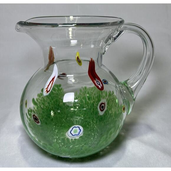 Vintage Murano Millefiori Hand Blown Art Glass Water Pitcher Green Clear 8" - Picture 1 of 8